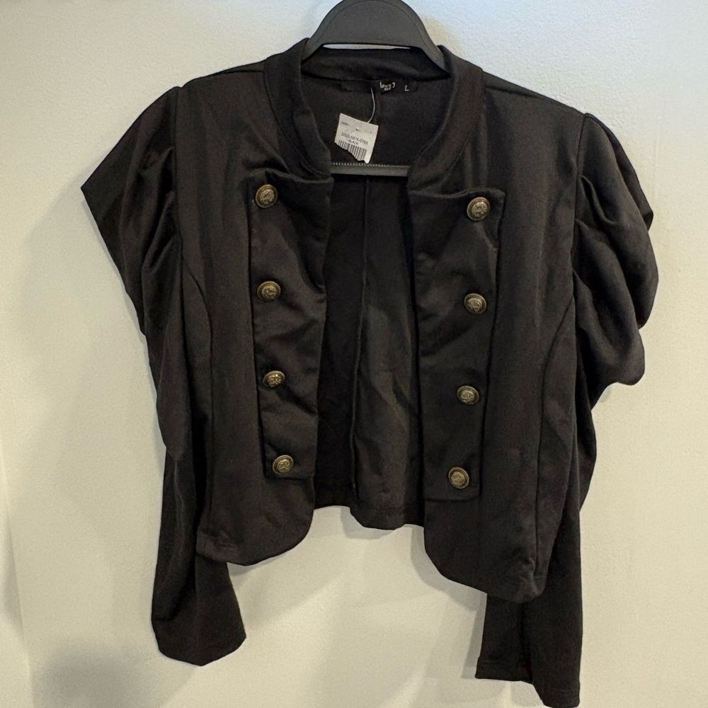 Love J BlackāMilitary Anchor Brass Tone Buttons Crop Blazer with Puff Sleeves